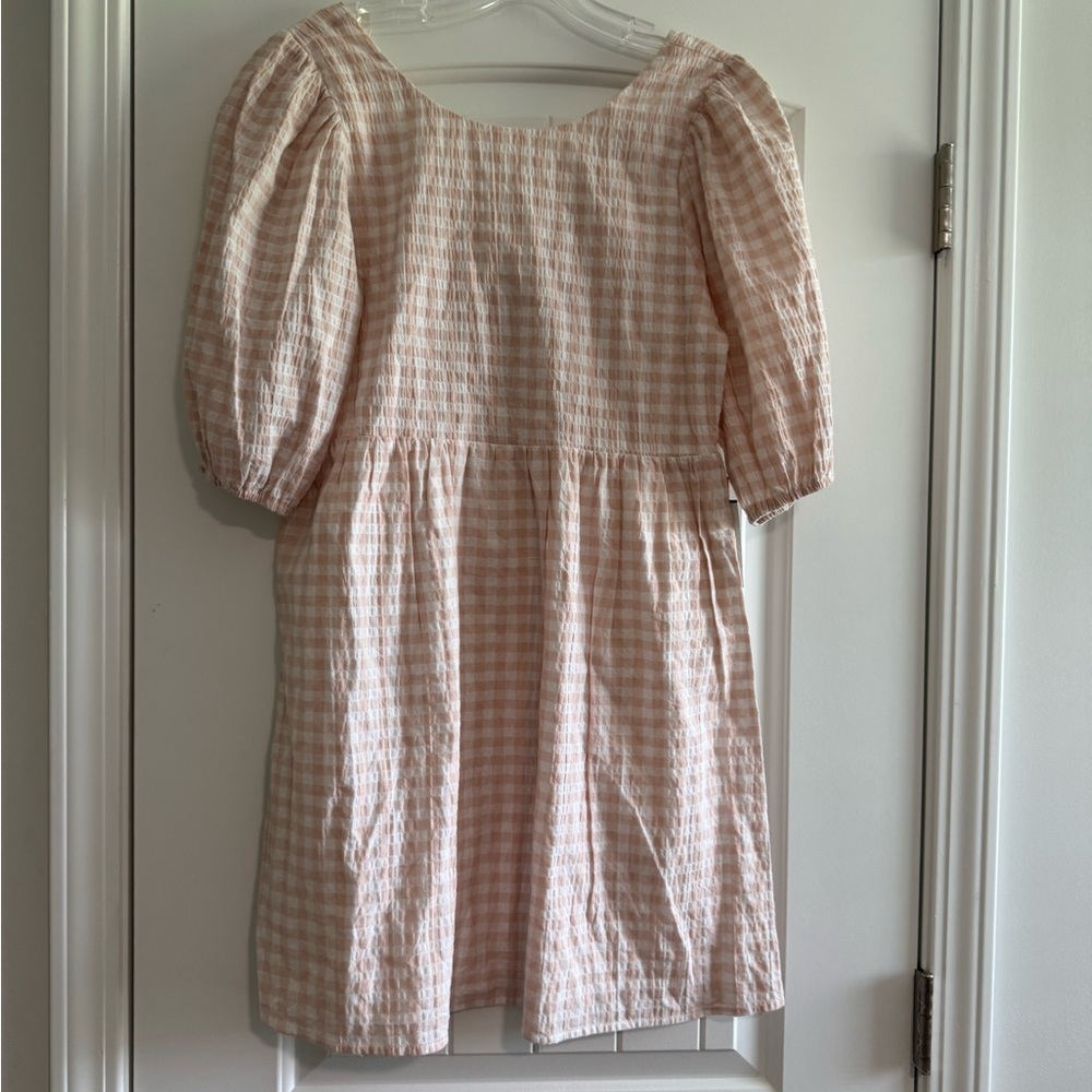 June & Hudson Pink and White Puff Sleeve Mini Dress